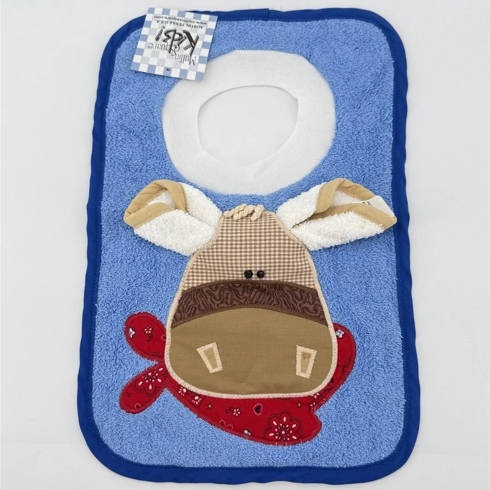 Vintage Mullins Square Kids Pony Bib Blue Cotton Terry 3D Donkey Bandana NWT